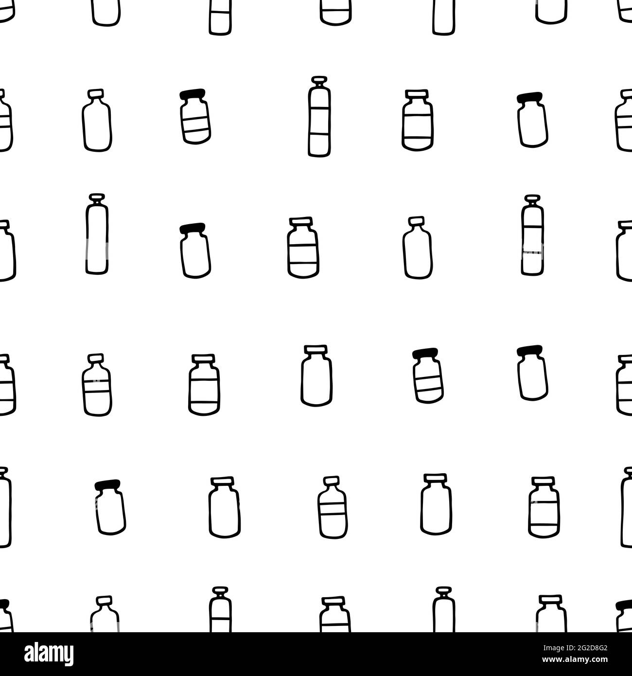 Nahtloses pharmazeutisches Muster. Umriss schwarze Medikamentenflaschen isoliert auf weißem Hintergrund. Pakete mit Medikamenten, Impfstoffen, Vitaminen, Antibiotika Stock Vektor
