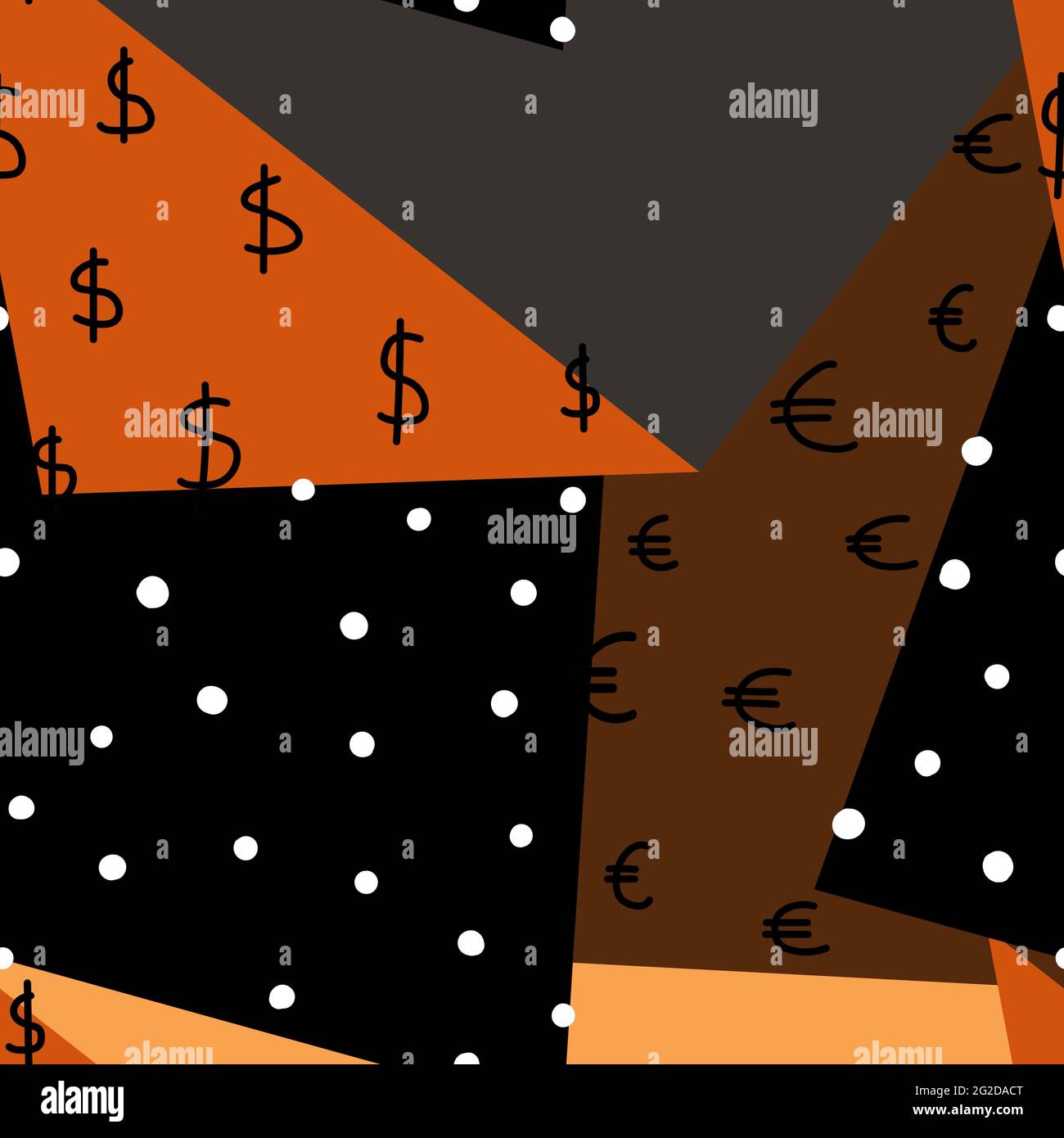 Farbiger geometrischer Hintergrund mit Euro- und Dollar-Symbol. Nahtloses Muster mit Punktverzierung zum Thema Geld, Geschäft, Finanzen. Vektor-il Stock Vektor