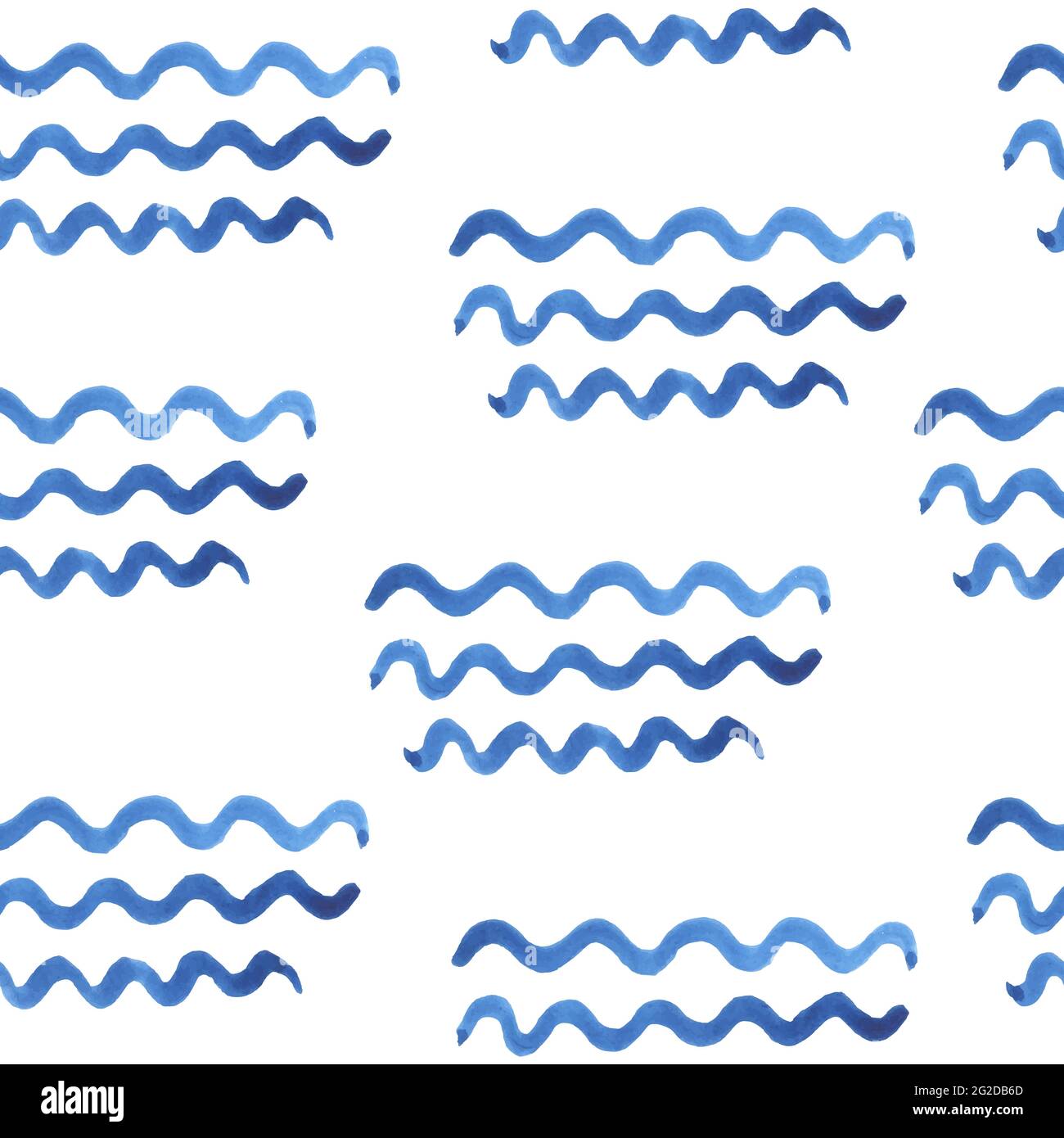 Aquarell nahtloses Vektormuster. Blaue Striche der Farbe Welle isoliert auf weißem Hintergrund. Flecken, Spritzer, Wasser, Meer, Meer, Linie, Fluss. Tie-Farbstoff O Stock Vektor
