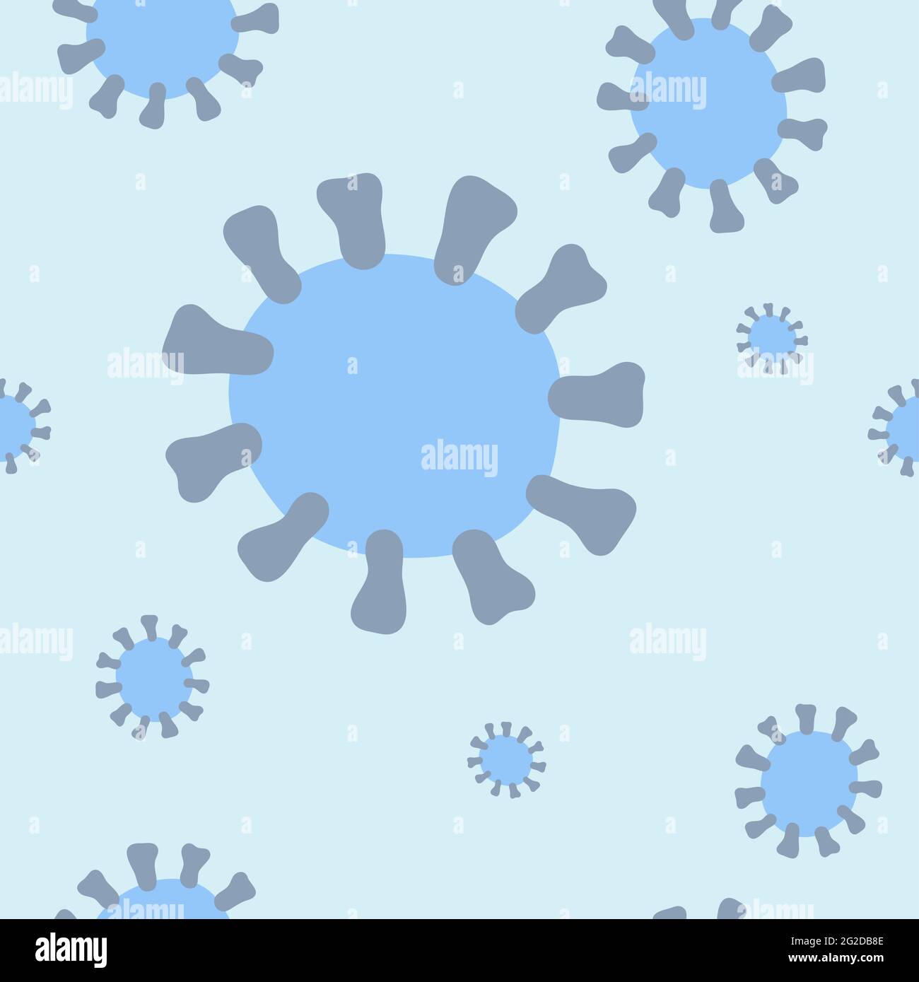 Nahtloses Coronavirus-Vektormuster. Zeichen von 2019-nCoV, MERS-Cov, neuartigem Coronavirus. Abstrakter neutraler hellblauer Hintergrund mit Virusstamm-Modell fo Stock Vektor