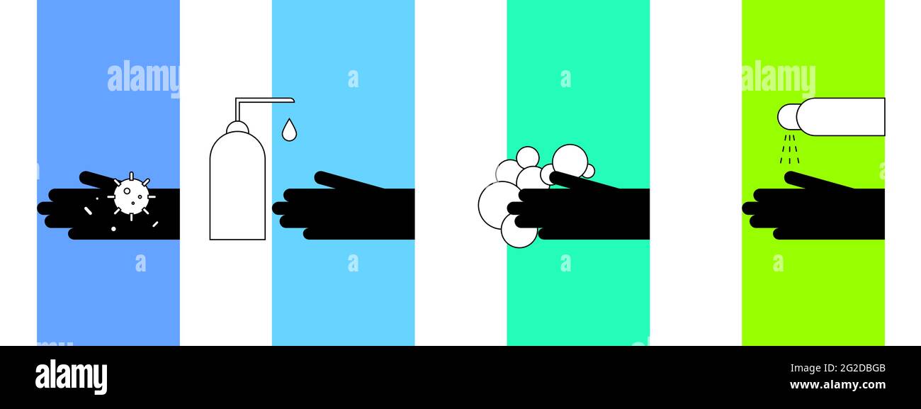 Illustration „Wash Your Hands“. Symbole für die Glyphen-Hygiene festlegen. Schmutzige Hände mit Bakterien, Coronavirus Covid-19, Seife, Schaum, Antiseptikum. Vektorsymbole von Clea Stock Vektor