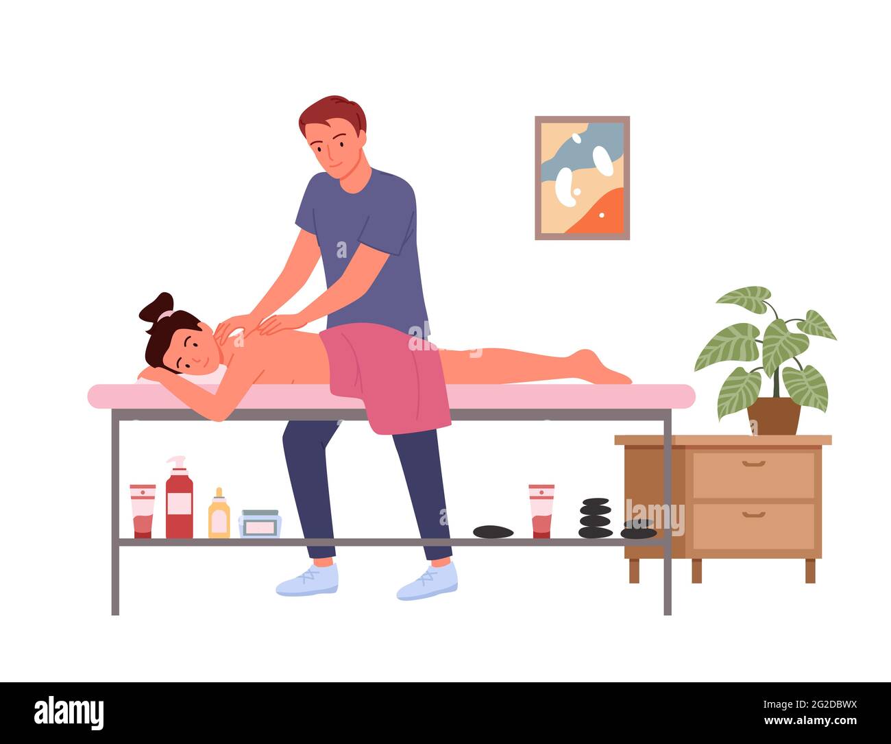 Massagetherapie, Wellness Medizin Behandlung im medizinischen Salon, Masseur Frau massieren Stock Vektor