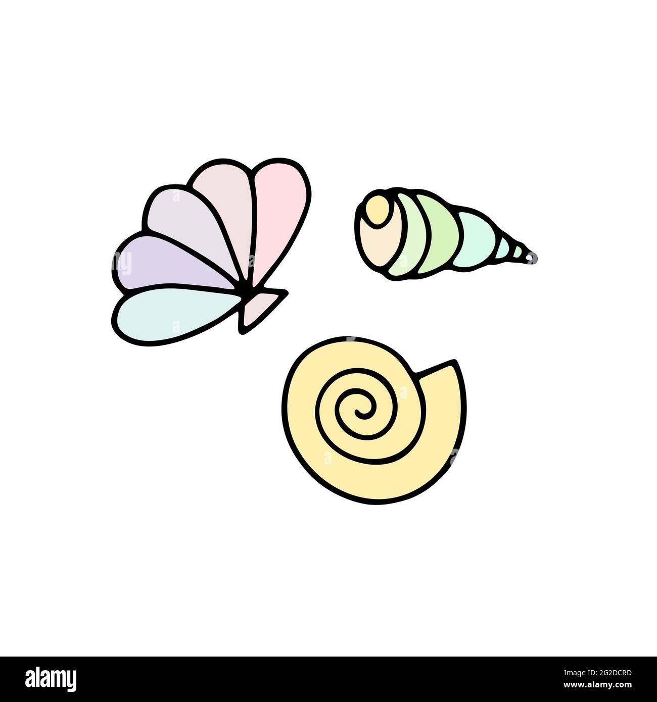 Muscheln Vektor Sommer Set. Pastell Meerjungfrau Farbe Seeschnecken isoliert auf weißem Hintergrund. Kollektion Pale Cartoon Muscheln für Sommerferien decoratio Stock Vektor