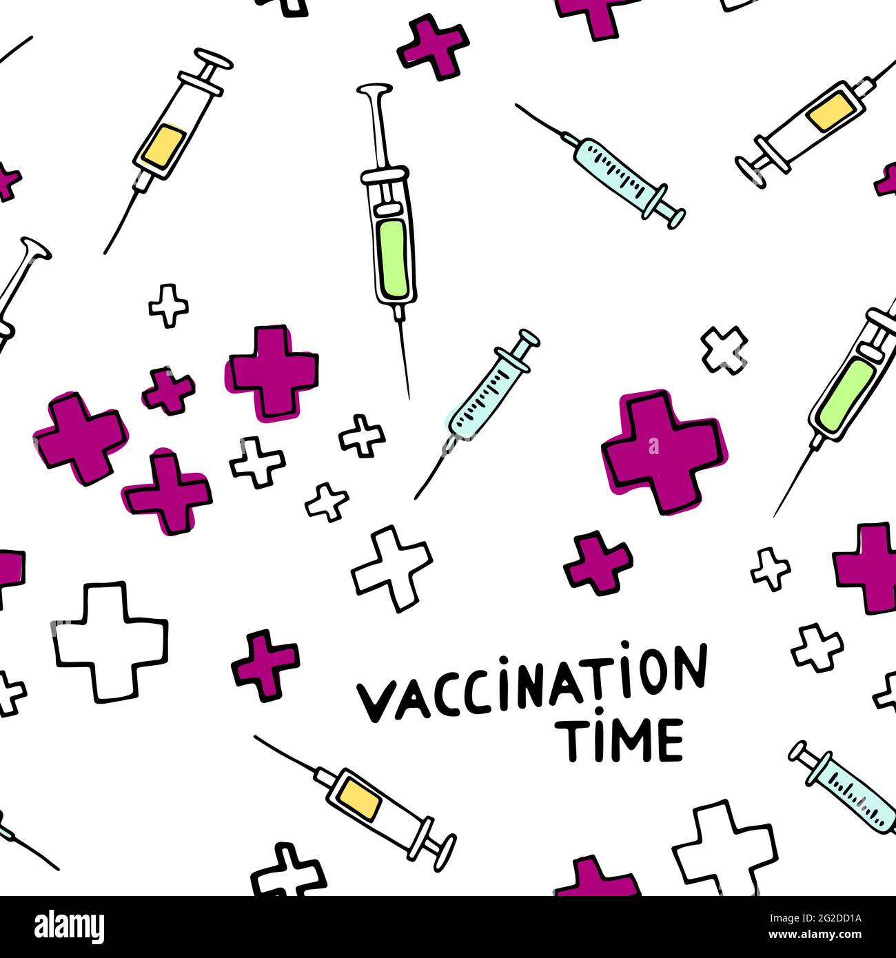 Zeit für die Impfung. Nahtloses medizinisches Farbmuster. Influenza und andere Krankheiten, Krankheitsvorbeugung, Gesundheitsversorgung. Vektorbild mit Pharmazeutik Stock Vektor