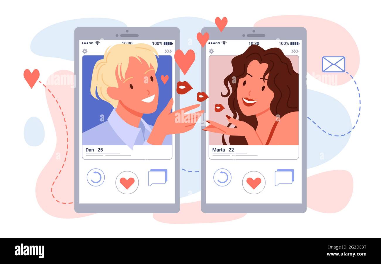 Online romantische Dating App-Nutzer chatten in sozialen Medien, Sprechchat Blasen auf Handys Stock Vektor
