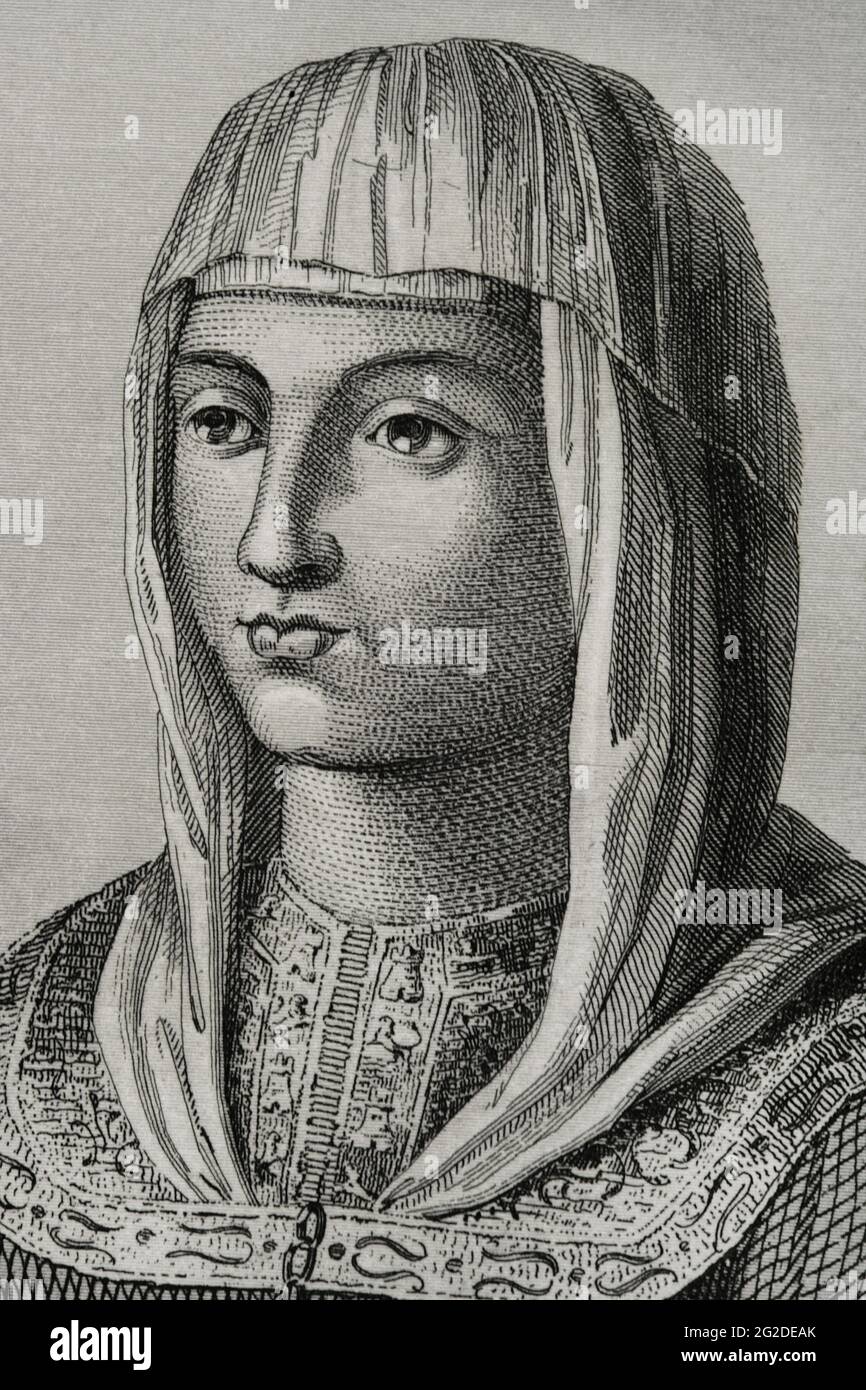 Joanna von Kastilien (bekannt als Joanna der Mad) (1479-1555). Königin von Kastilien (1504-1555) und Aragon (ab 1516), Tochter der Katholischen Könige. Ehefrau von Philipp dem Schönen. Porträt, Detail. Stich von Antonio Roca Sallent. Las Glorias Nacionales, 1853. Stockfoto