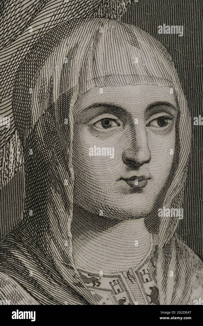 Isabella I. (1451-1504). Königin von Kastilien (1474-1504). Königin Gemahlin von Aragon für ihre Ehe mit Ferdinand II. Von Aragon. Porträt, Detail. Stich von Antonio Roca Sallent. Las Glorias Nacionales, 1853. Stockfoto