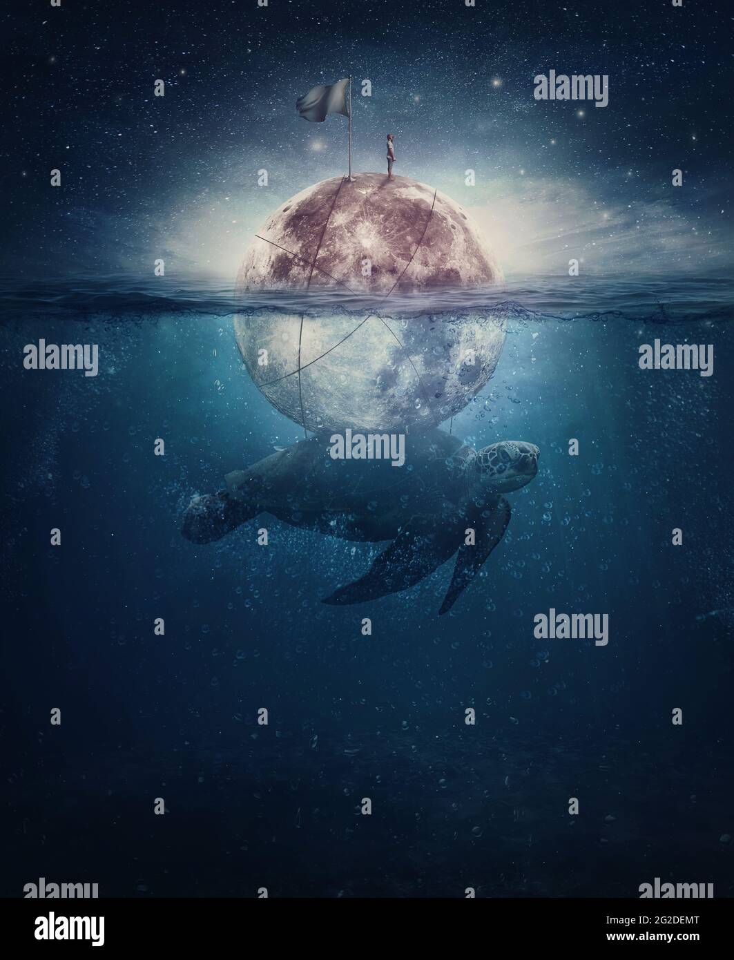 Surreale Szene mit einer Schildkröte, einem riesigen Meerestier, das den Vollmond mit einem einsichigen Seemann auf der Oberseite trägt. Fantasy-Unterwasserlandschaft und Sternenhimmel abov Stockfoto
