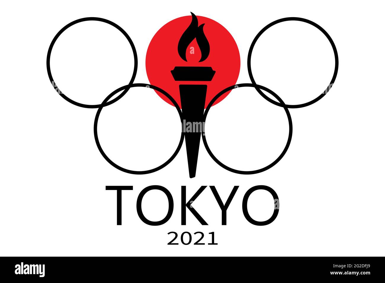 Sportspiele Tokio 2021. Symbole der Olympischen Spiele olympische Flamme, olympische Ringe, Fackel vor dem Hintergrund der japanischen Flagge Stock Vektor