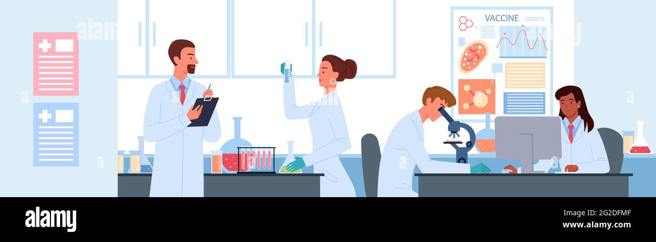 Die Mitarbeiter arbeiten im wissenschaftlichen Labor für die Impfstoffentwicklung und führen Laboranalysen in einem Reagenzglas durch Stock Vektor