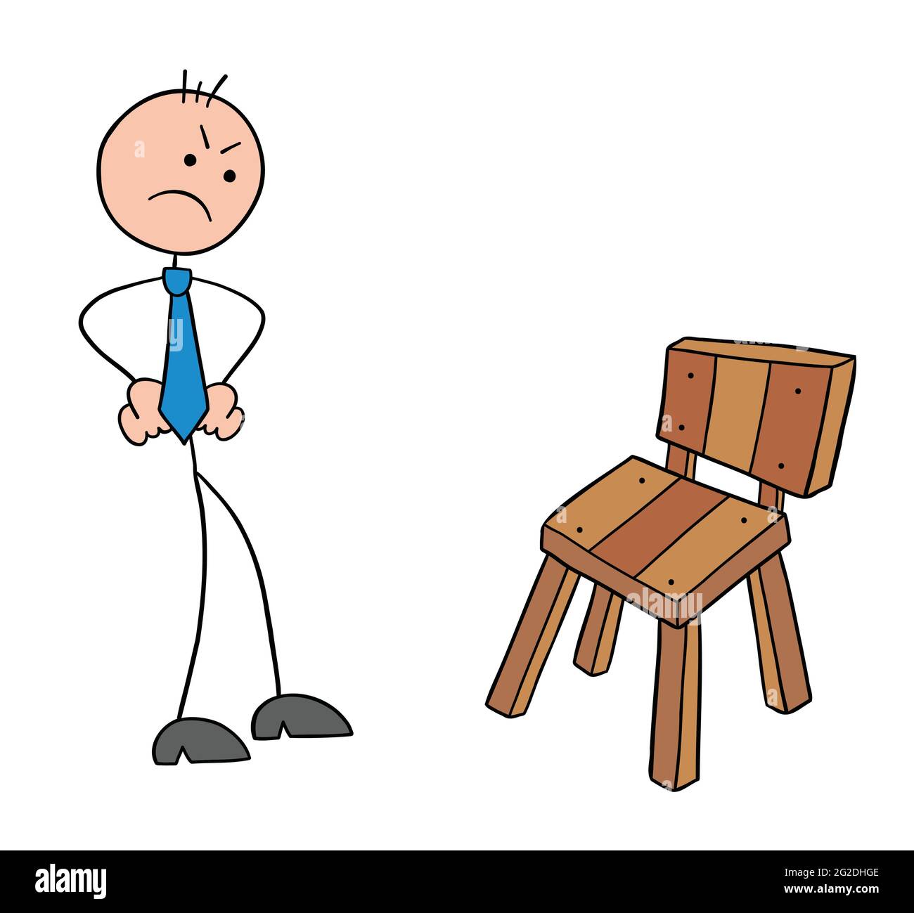 Stickman Geschäftsmann Charakter wird wütend, wenn er den Holzstuhl sieht, Vektor-Cartoon-Illustration. Schwarz umrandet und farbig. Stock Vektor