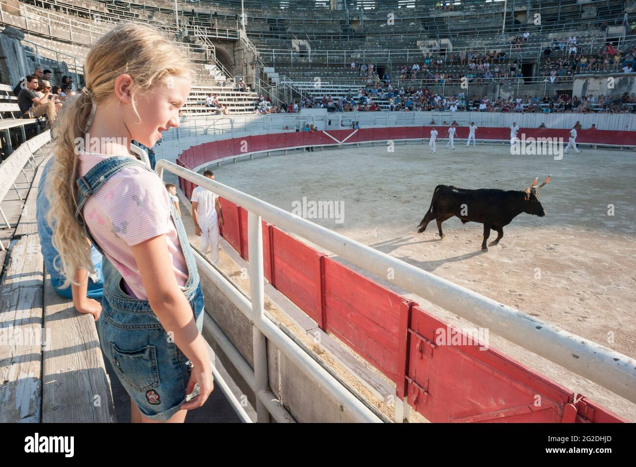 Bilder aus der römischen Arena / Amphitheater in Arles vom Stierkampf-Sport. Stockfoto