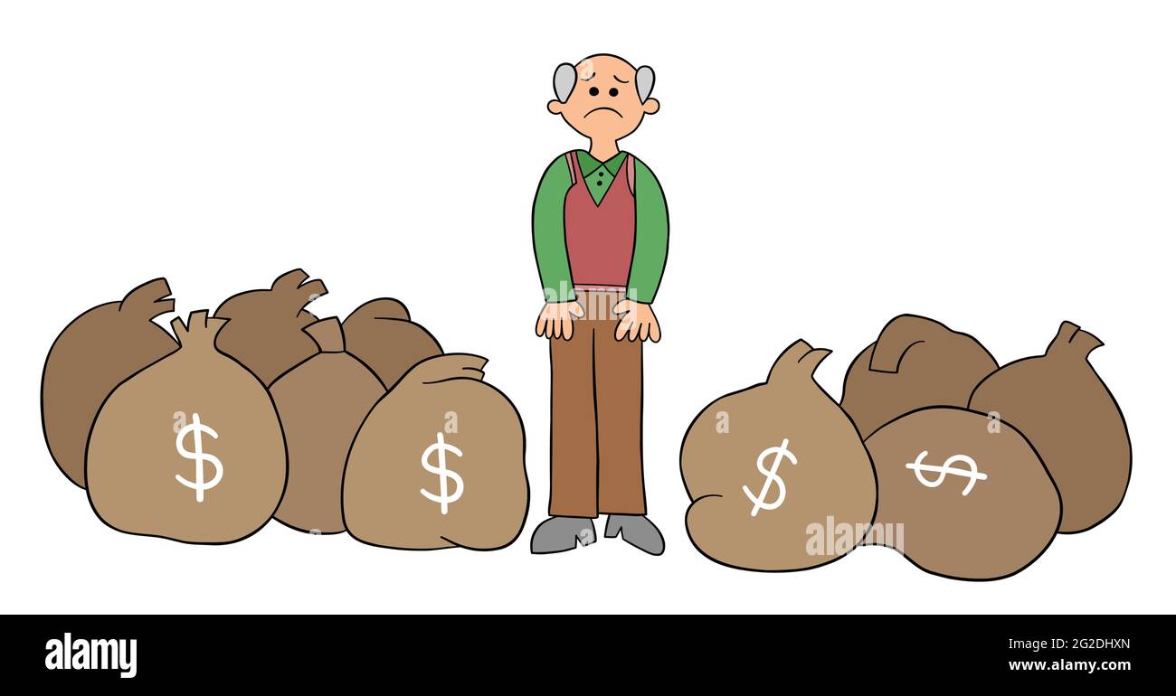 Cartoon alter Mann hat viel Geld, aber er ist unglücklich, Vektor-Illustration. Schwarz umrandet und farbig. Stock Vektor
