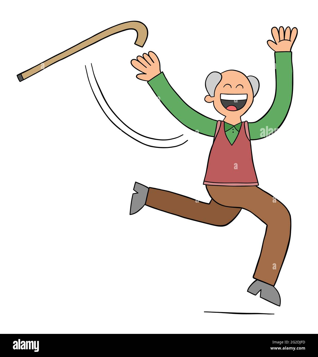 Cartoon alter Mann wirft den Stock und beginnt zu laufen, Vektor-Illustration. Schwarz umrandet und farbig. Stock Vektor