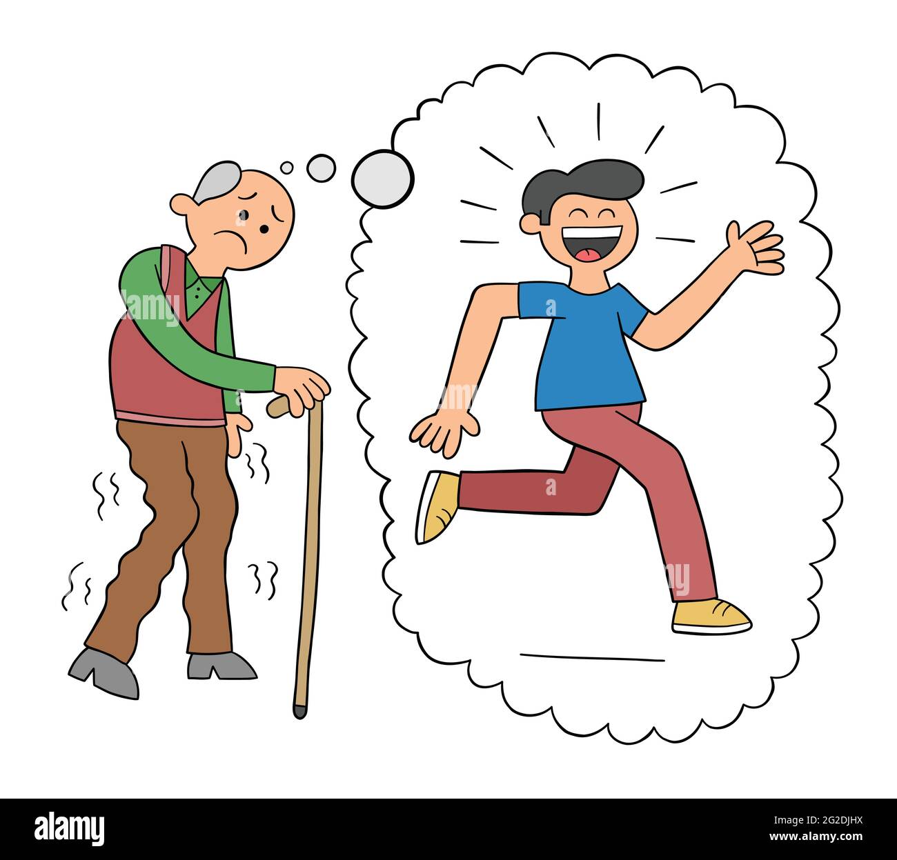 Cartoon alter Mann, der mit seinem Stock geht und von seiner Jugend träumt, Vektor-Illustration. Schwarz umrandet und farbig. Stock Vektor