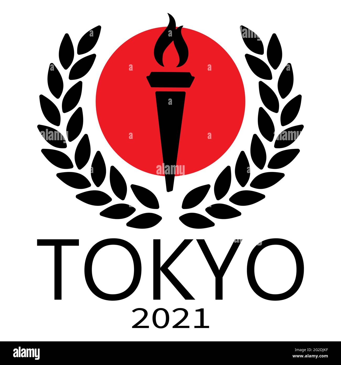 Olympische Sommerspiele. Olympische Fackel vor dem Hintergrund der japanischen Flagge und des Siegerkranzes mit der Aufschrift Tokyo 2021. Stock Vektor