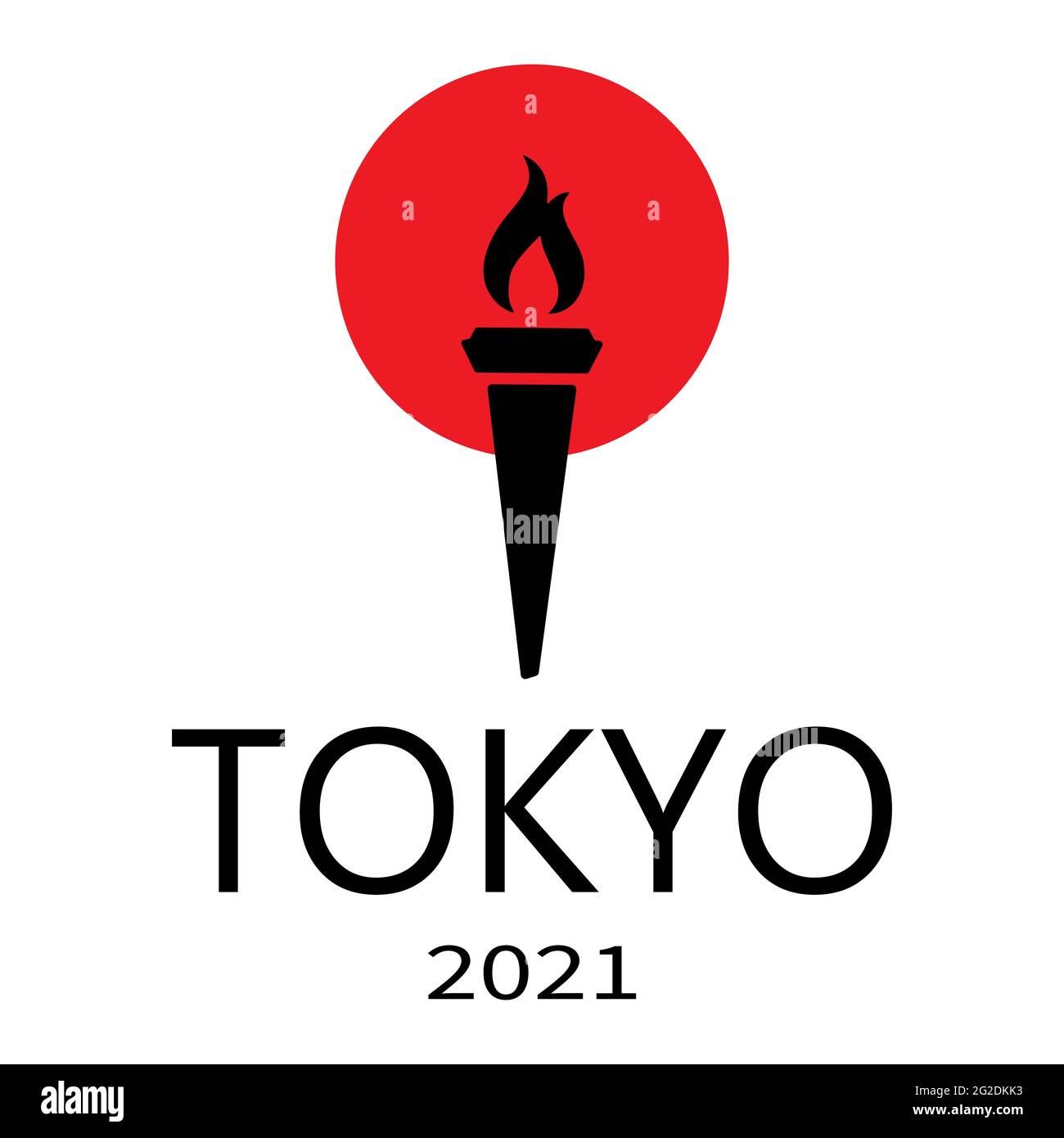 Olympische Fackel vor dem Hintergrund der japanischen Flagge und der Inschrift Tokyo 2021 isoliert auf weißem Hintergrund. Olympische Sommerspiele. Stock Vektor