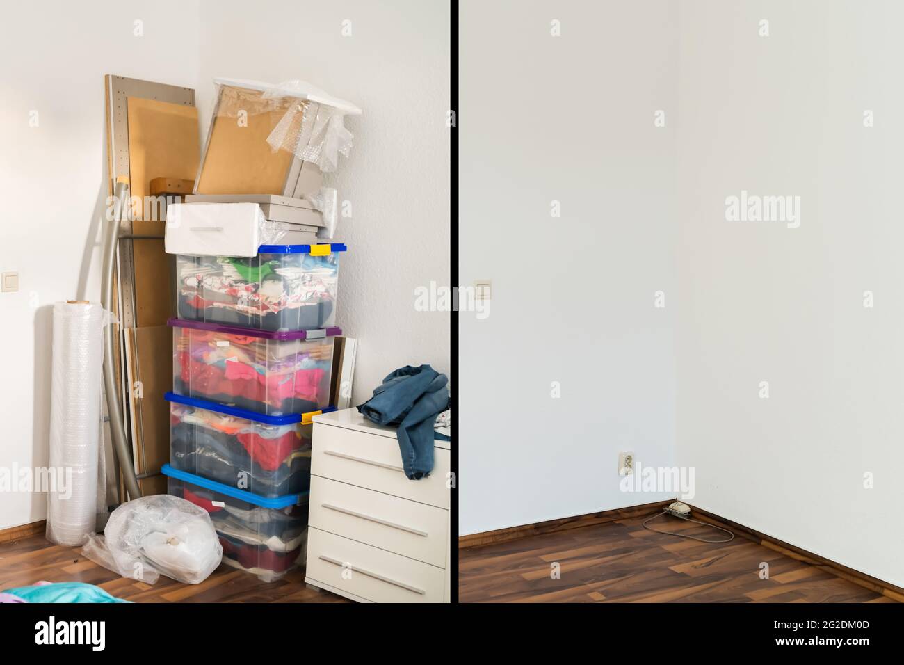 Raumaufdeckvorrichtung Vor Und Nach Dem Zimmer. Unordentliches Haus Stockfoto