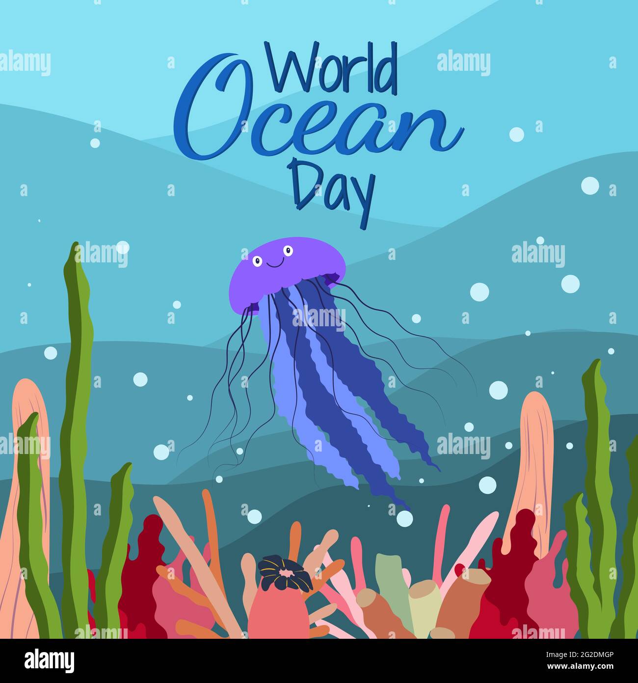 Weltmeertag im Cartoon-Stil auf blauem Hintergrund mit niedlichen Quallen, Algen und Korallen. Quadratische Ausrichtung. Vektorgrafik. Juni 8. Stock Vektor