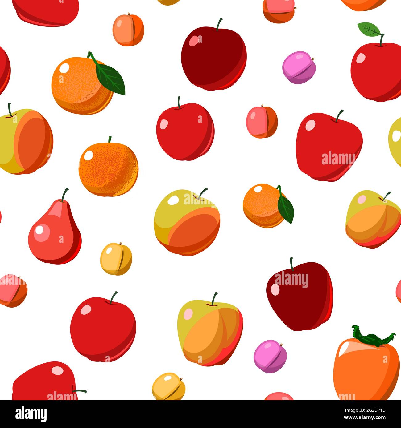 Die beliebtesten roten und orangen Früchte sind Obstbäume. Nahtloses Hintergrundbild. Isoliert. Flacher Cartoon-Stil. Äpfel, Birnen, Pflaumen, Bananen Stock Vektor