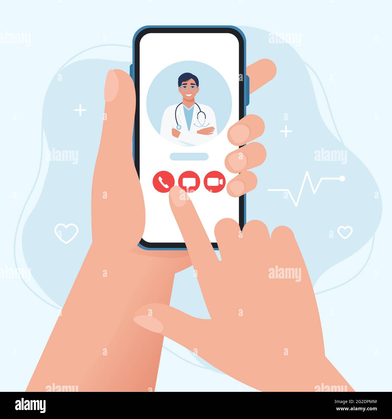 Medizinische Beratung und Behandlung über die Anwendung von Smartphone verbunden Internet-Klinik. Online-Arztbefragung im Smartphone Stock Vektor