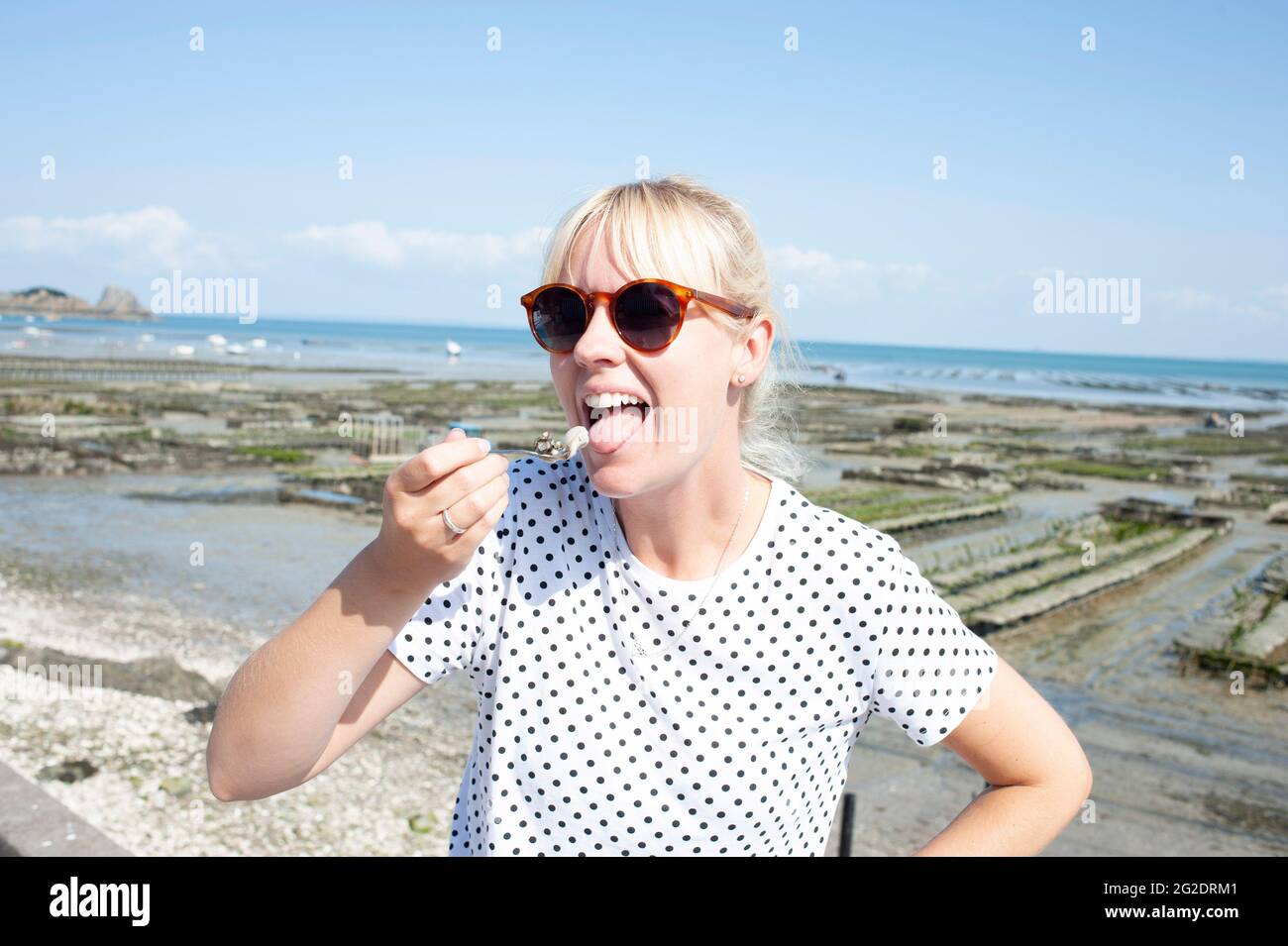 Eine Person, die Austern frisch aus den Austernbeeten am Meer im französischen Dorf Cancale in der Bretagne an der Nordküste Frankreichs probiert. Stockfoto