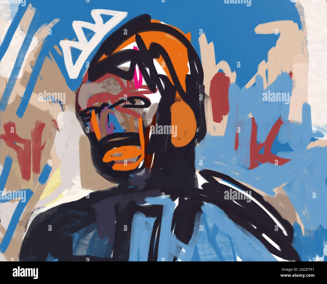 Street Art und Graffiti Malerei auf Wandbild, digitale Kunst. Post modernes Porträt der Person mit Graffiti Krone a la Basquiat. Illustration für Print, Post Stockfoto
