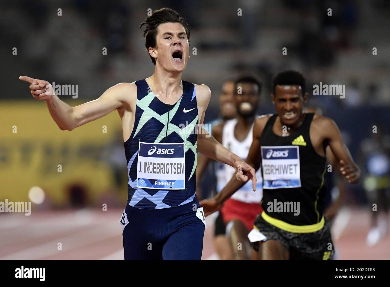 Florenz, Italien. Juni 2021. Jakob Ingebrigtsen aus Norwegen reagiert nach dem Gewinn der 5000-Meter-Männer während der Goldenen Gala der Wanda Diamond League am 10. Juni 2021 im Luigi Ridolfi-Stadion in Florenz, Italien. Foto Andrea Staccioli/Insidefoto Kredit: Insidefoto srl/Alamy Live News Stockfoto