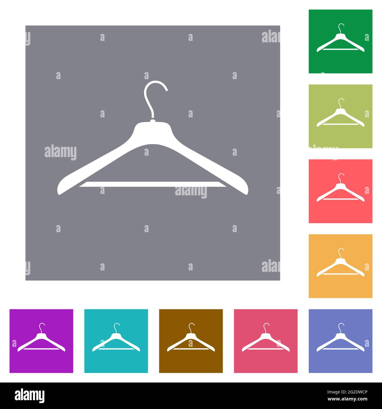 Kleiderbügel flache Symbole auf einfachen farbigen quadratischen Hintergründen Stock Vektor