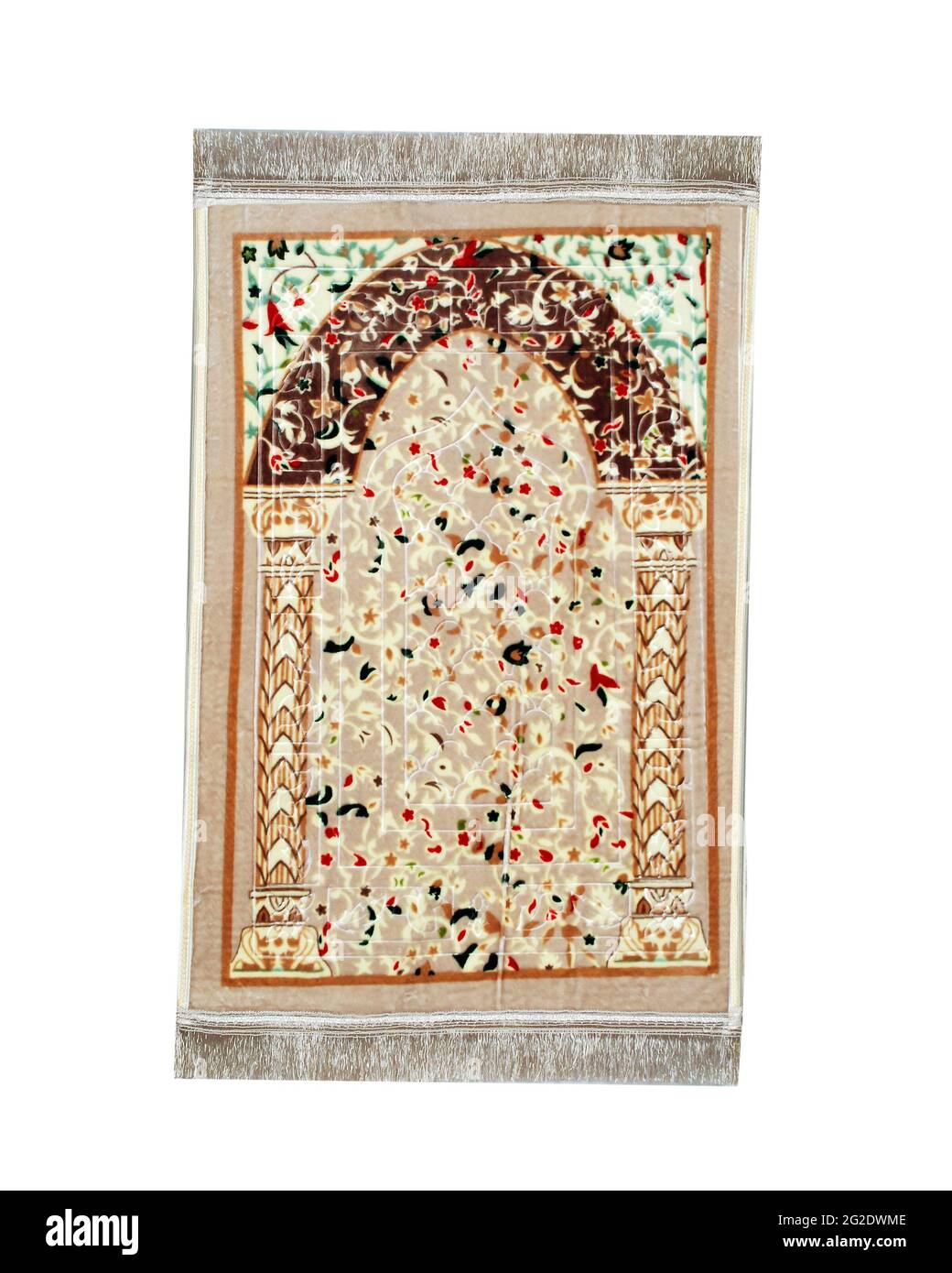 Seidig weiche islamische Gebetsmatte isoliert auf weißem Hintergrund, helles und dunkles Farbdesign, Stofffaden Stockfoto Seidig weiche islamische Gebetsmatte isoliert auf weißem Hintergrund, helles und dunkles Farbdesign, Stofffaden Stockfoto