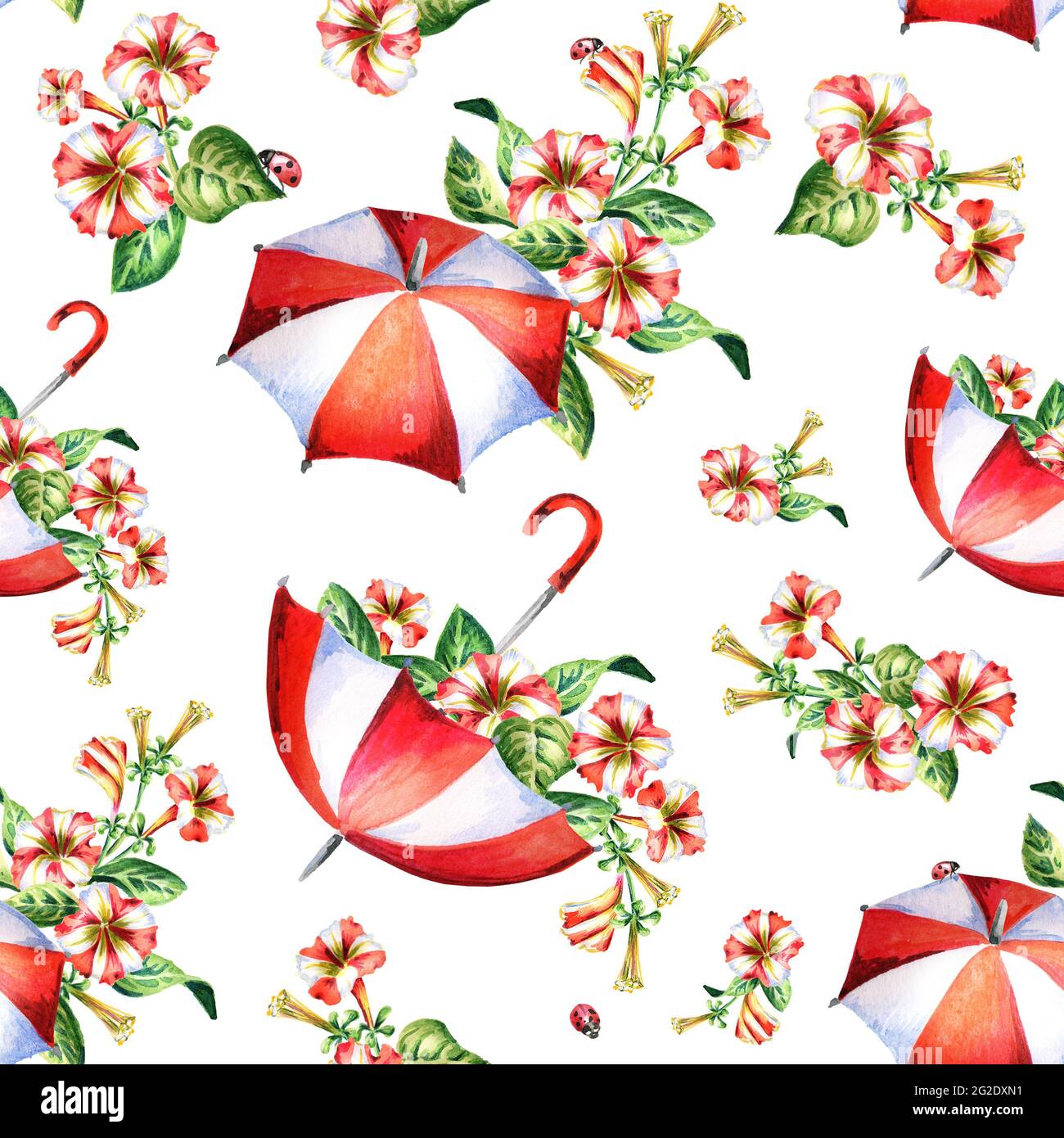 Rot-weiße Blumen und Schirme nahtlos Muster. Aquarell Stockfoto