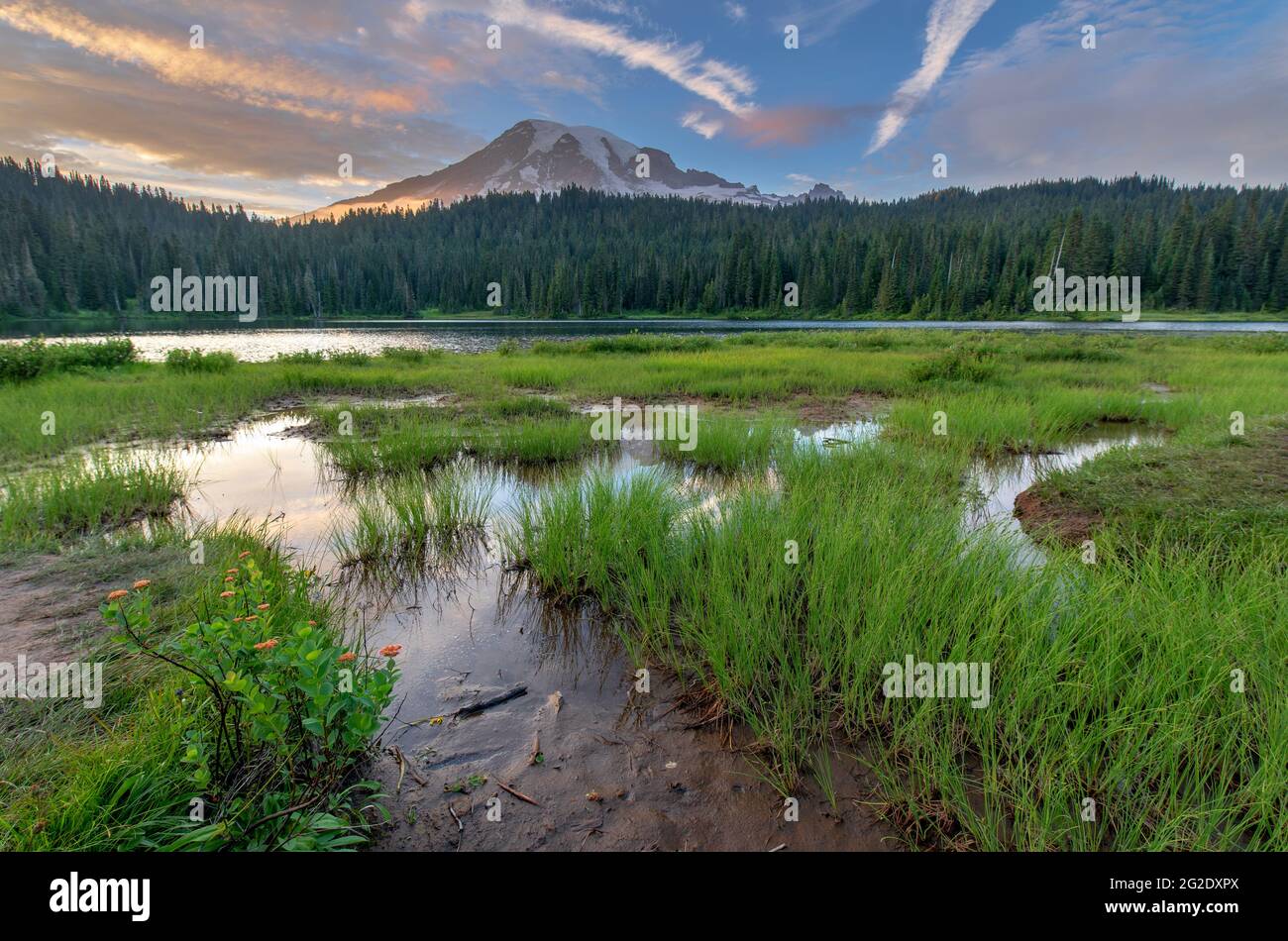 Wunderschöner Sonnenuntergang über den Reflection Lakes im Rainier National Park mit dem Berg, der auf dem See reflektiert Stockfoto