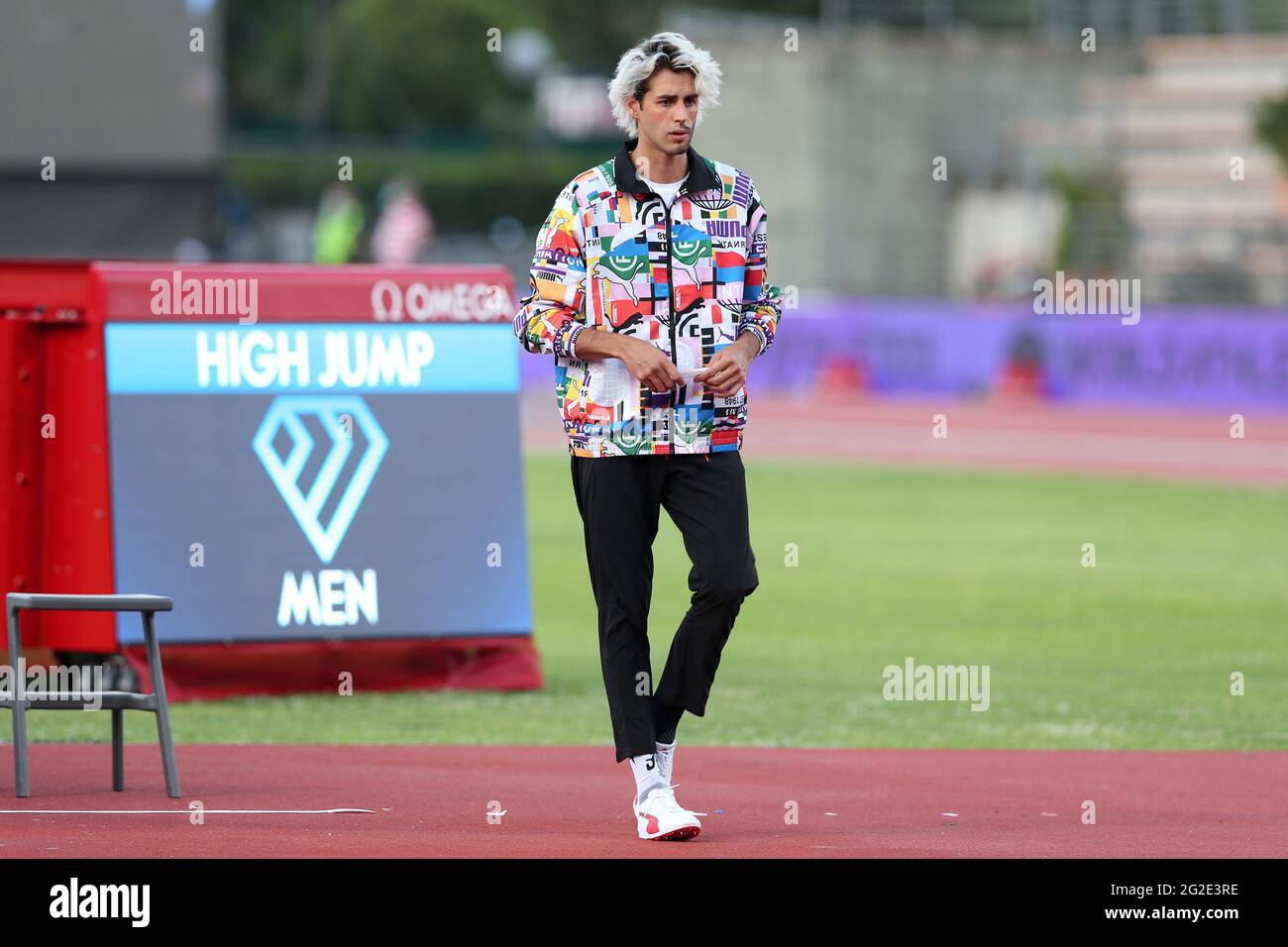 Firenzano, Italien. Juni 2021. Gianmarco Tamberi (ITA) vor dem Hochsprungwettbewerb bei der Goldenen Gala der Wanda Diamond League Pietro Mennea im Asics Firenzer Marathon-Stadion „Luigi Ridolfi“ in Florenz, Italien, am 6 2021. Juni. (Foto von Giuseppe Fama/Pacific Press) Quelle: Pacific Press Media Production Corp./Alamy Live News Stockfoto