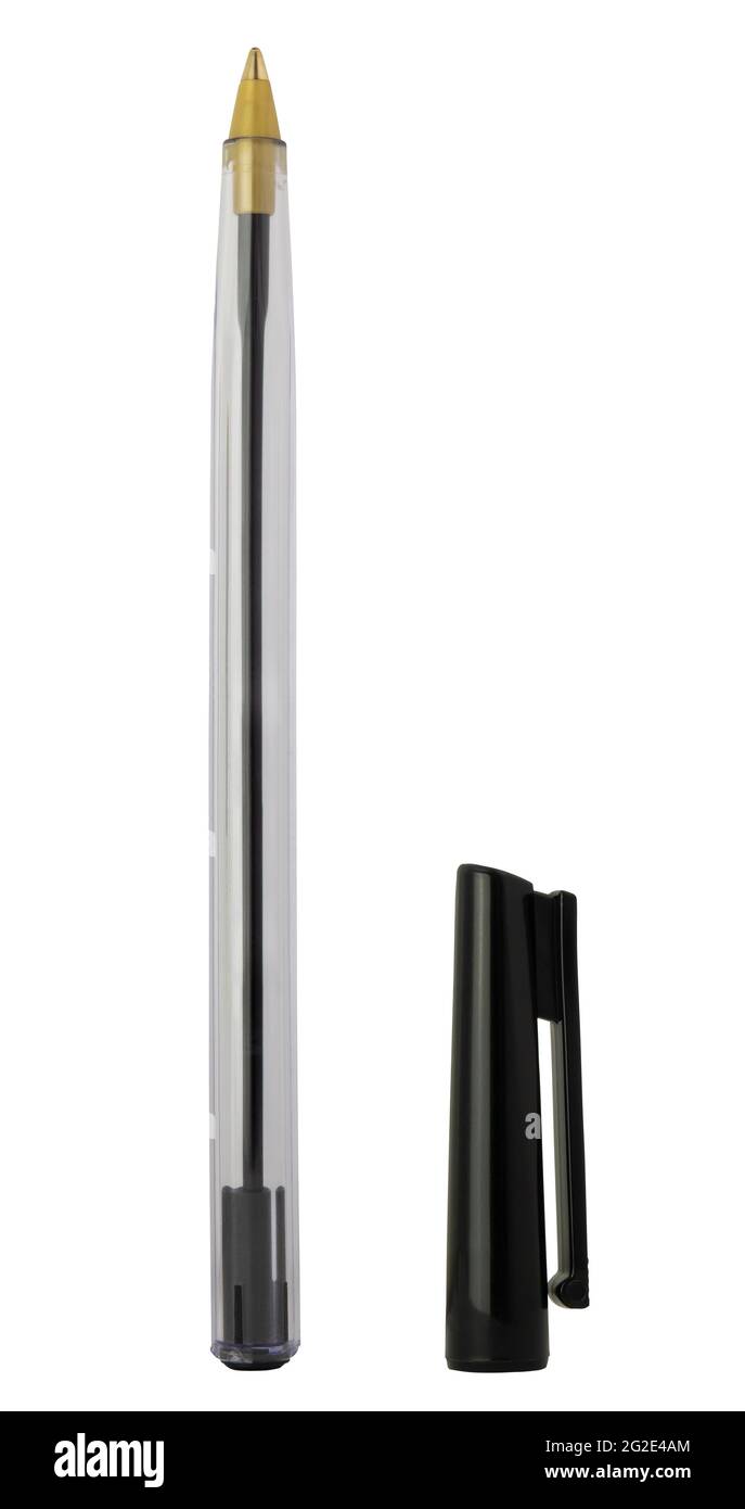 Ein günstiger Kugelschreiber aus Kunststoff mit schwarzer Tinte auf WEISSEM Hintergrund Stockfoto
