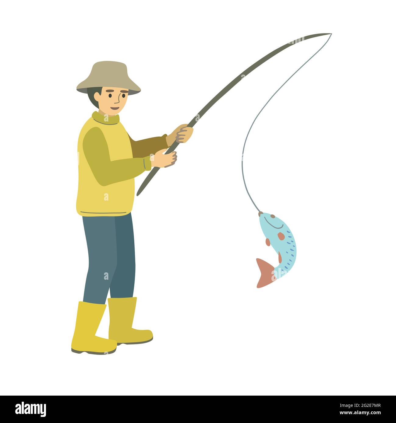 Ein Fischer in gelben Stiefeln und einem Hut fing einen Fisch mit einer auf weißem Hintergrund isolierten Angelrute. Stock Vektor