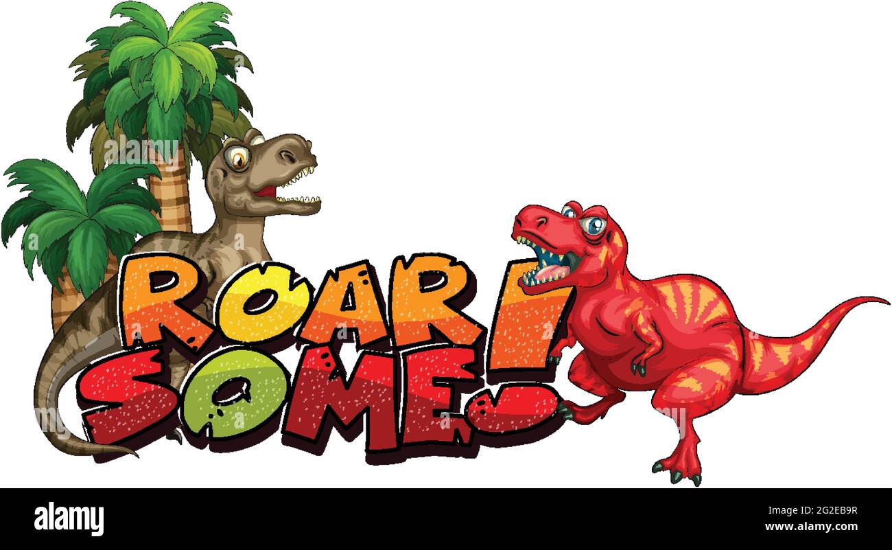 Niedliche Dinosaurier Cartoon-Figur mit brüllen Schrift Banner Illustration Stock Vektor