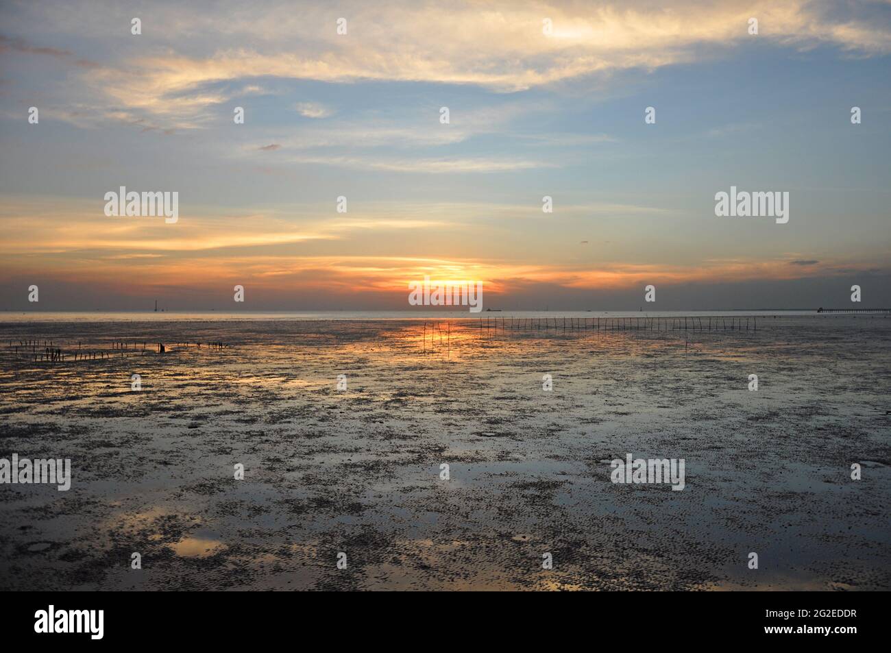 Sonnenuntergangsszenerie von der Küste des Feuchtgebiets Stockfoto