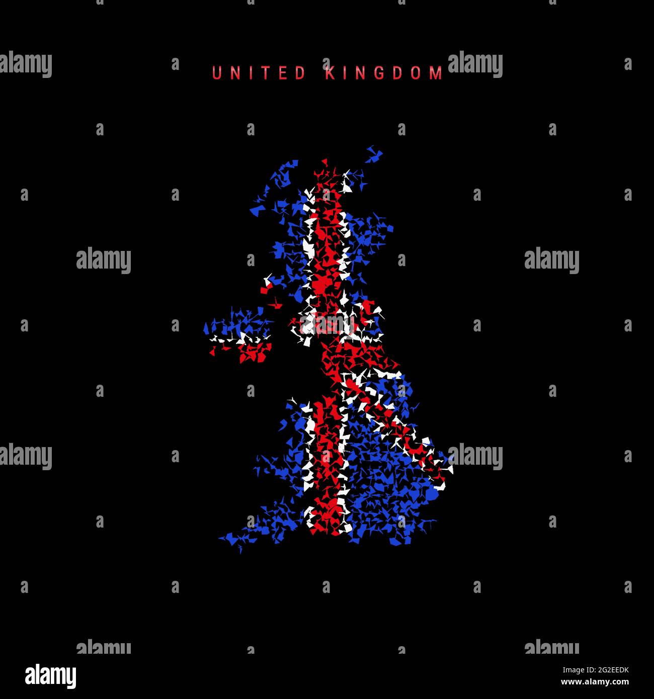 Karte der britischen Flagge, chaotisches Partikelmuster in den Farben der britischen Flagge. Vektordarstellung auf schwarzem Hintergrund isoliert. Stock Vektor