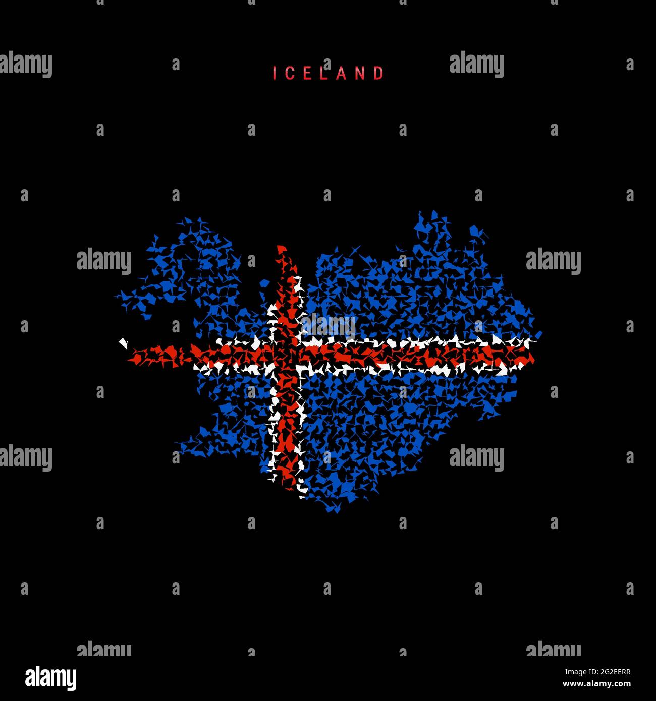 Karte der isländischen Flagge, chaotisches Partikelmuster in den Farben der isländischen Flagge. Vektordarstellung auf schwarzem Hintergrund isoliert. Stock Vektor