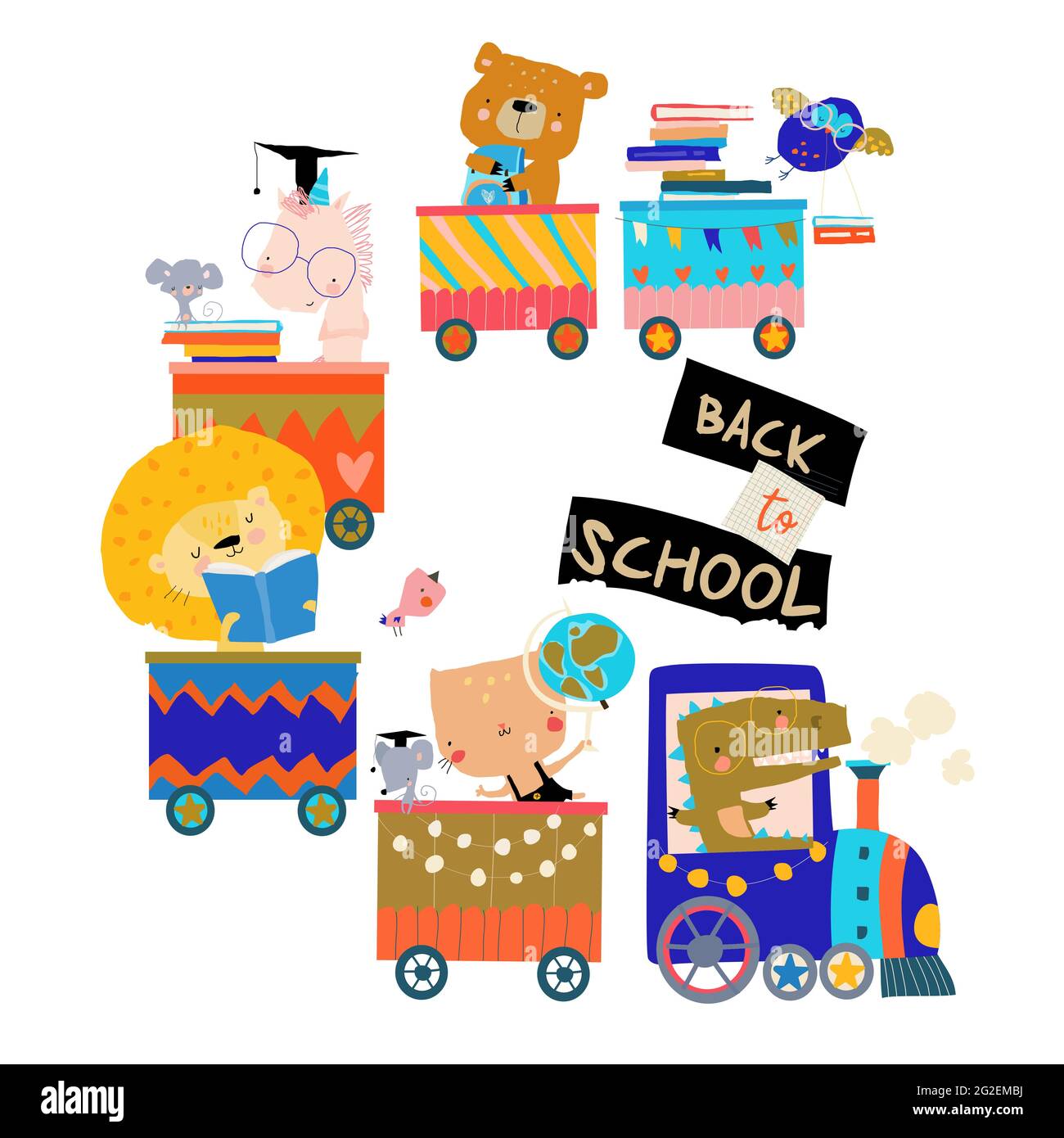 Happy Cartoon Tiere reiten zur Schule mit dem Zug Stock Vektor