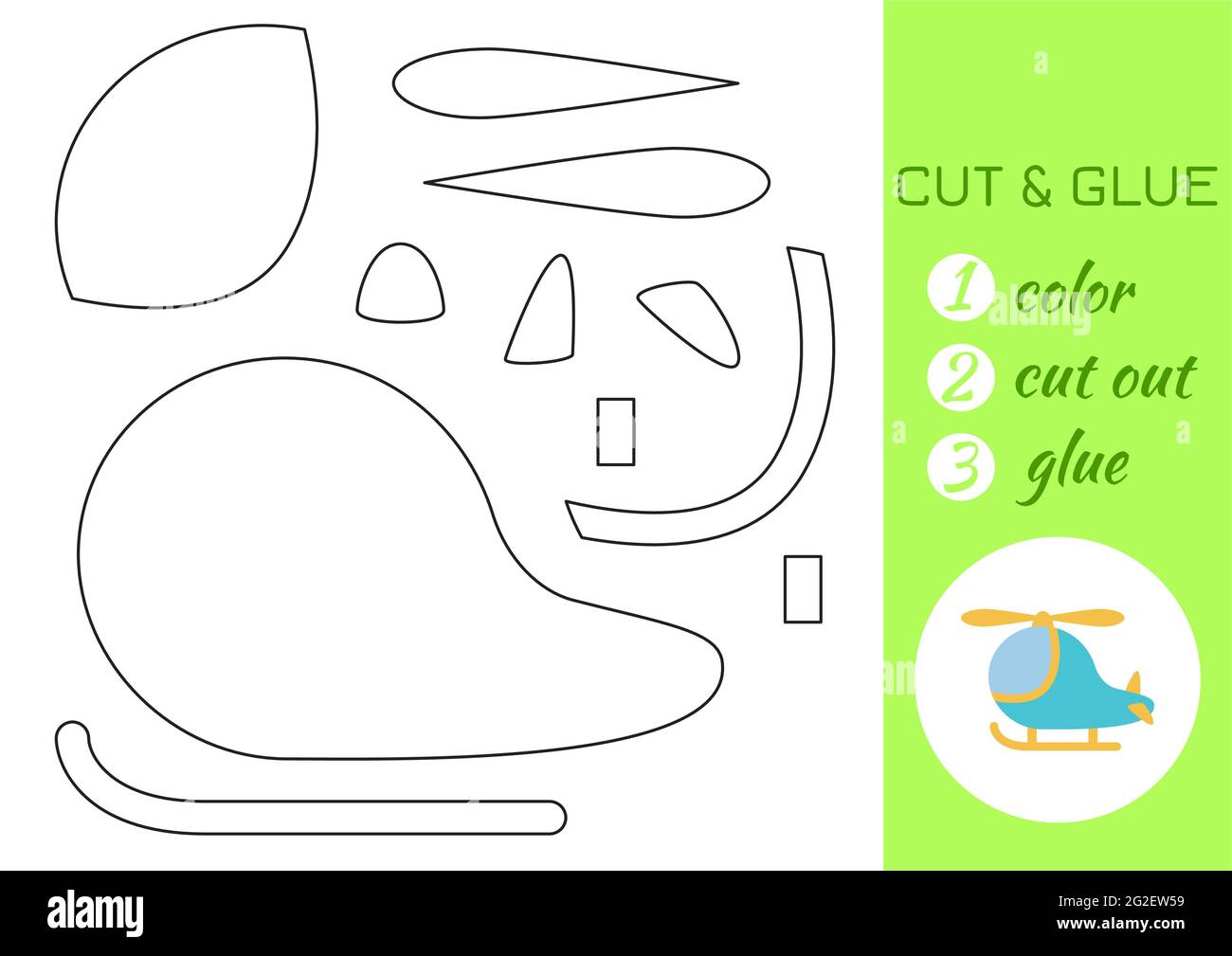Farbe, Schnitt und Klebstoff Papier türkis Hubschrauber. Seite „Craft Activity“ ausschneiden und einfügen. Pädagogisches Spiel für Kinder im Vorschulalter. DIY-Arbeitsblatt. Kinderlogik Stock Vektor