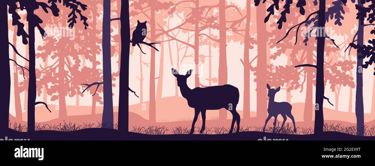 Horizontales Banner der Waldlandschaft. Doe und Fawn in einem magischen Nebelwald. Eule auf Ast. Silhouetten von Bäumen und Tieren. Rosa und orangefarbener Hintergrund Stock Vektor