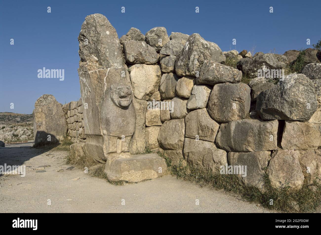 Wahrzeichen der Archäologie in der Türkei das Löwentor in Hattusa, der Hauptstadt des Hethitischen Reiches, Kappadokien Stockfoto