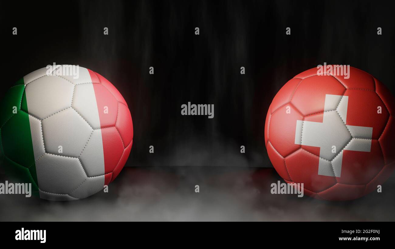 Zwei Fußballbälle in Flaggen-Farben auf schwarzem abstraktem Hintergrund. Italien und der Schweiz. 3d-Bild Stockfoto