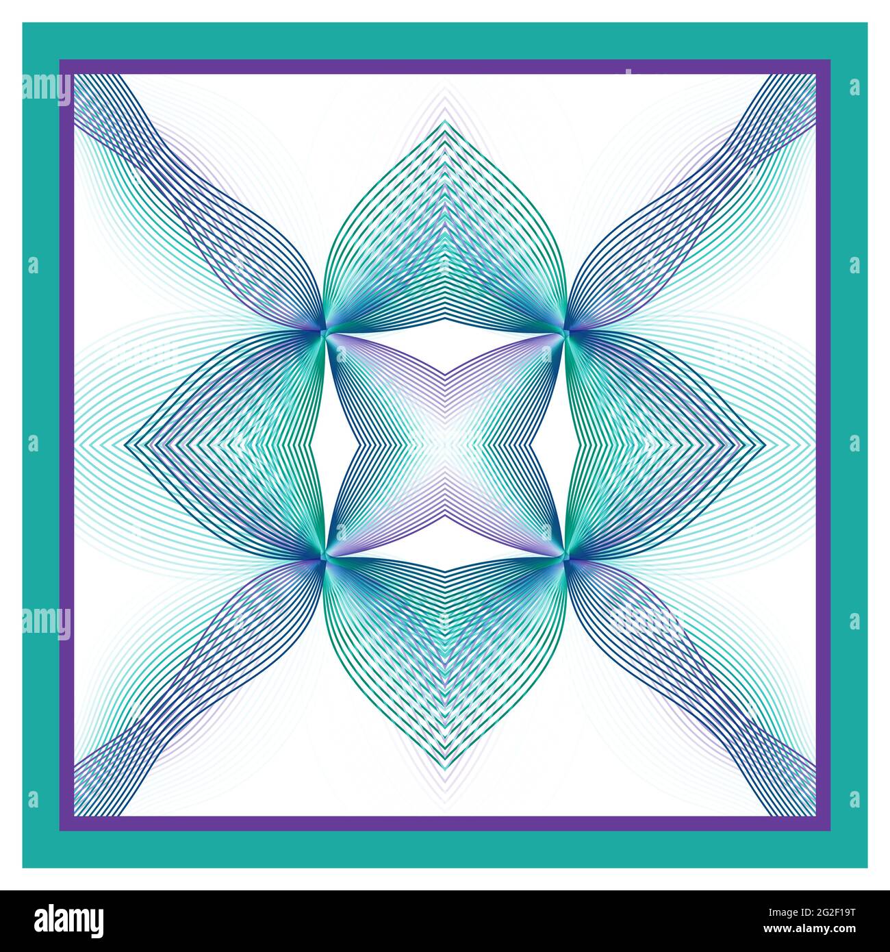 Schal, Bandana-Design. Blau, türkisfarbenes Ornament, weißer Hintergrund. Line Art mehrfarbig symmetrisches Muster. Kaleidoskop-Effekt, Spiegelreflexion Stockfoto