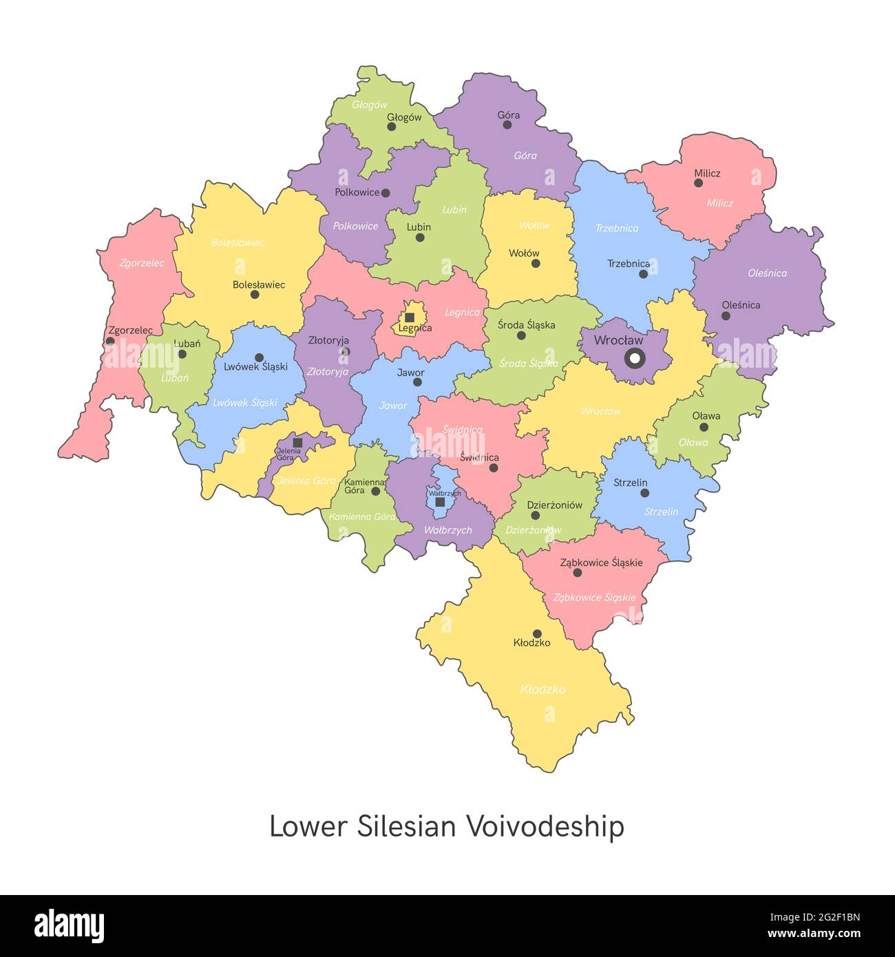 vektorgrafik: Verwaltungskarte von Polen. Karte der Woiwodschaft Niederschlesien Stock Vektor