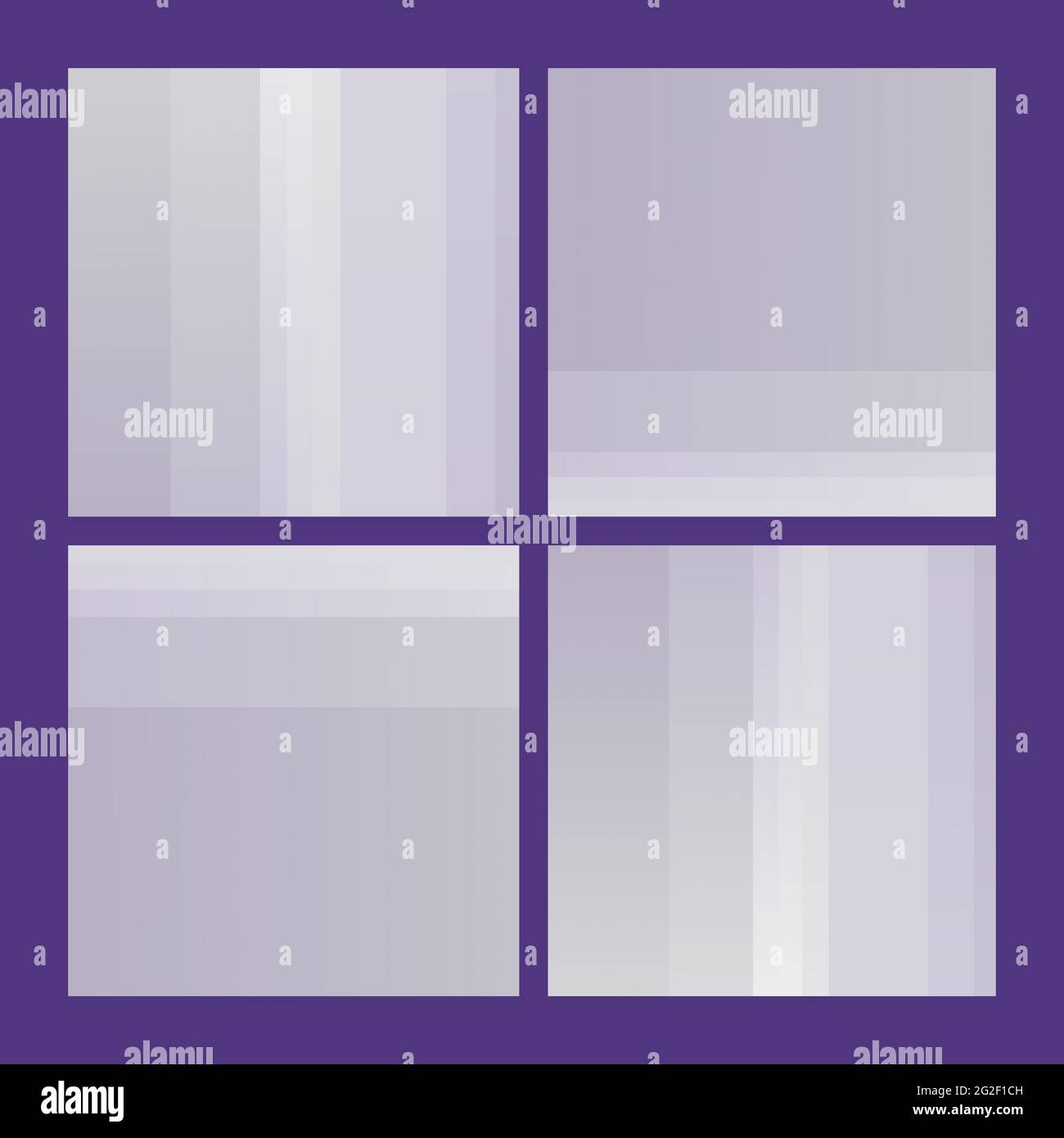 Geometrischer abstrakter Hintergrund. Vier quadratische Abschnitte mit verschiedenen Streifenmustern. Weicher, hellvioletter Farbverlauf. Schal, Bandana-Design Stockfoto