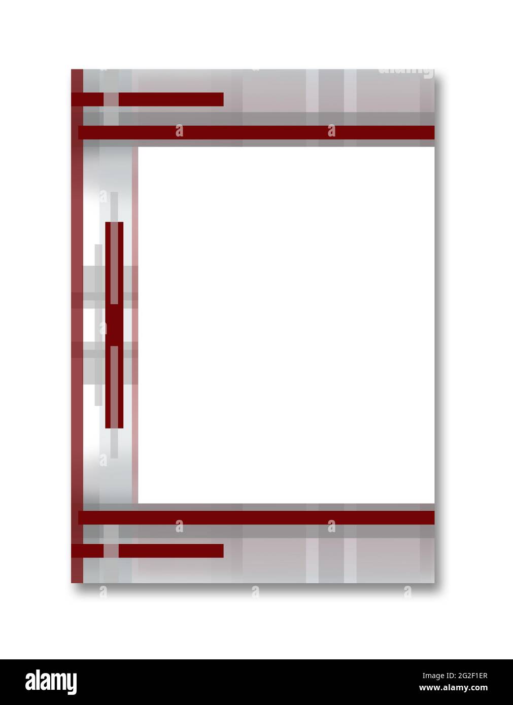 A4-Layout mit großem weißen Textfeld abdecken. Geometrische abstrakte Vorlage für Broschüren, Mappen, Bücher, Zeitschriften. Die Bordüre ist mit einem roten Symet verziert Stockfoto