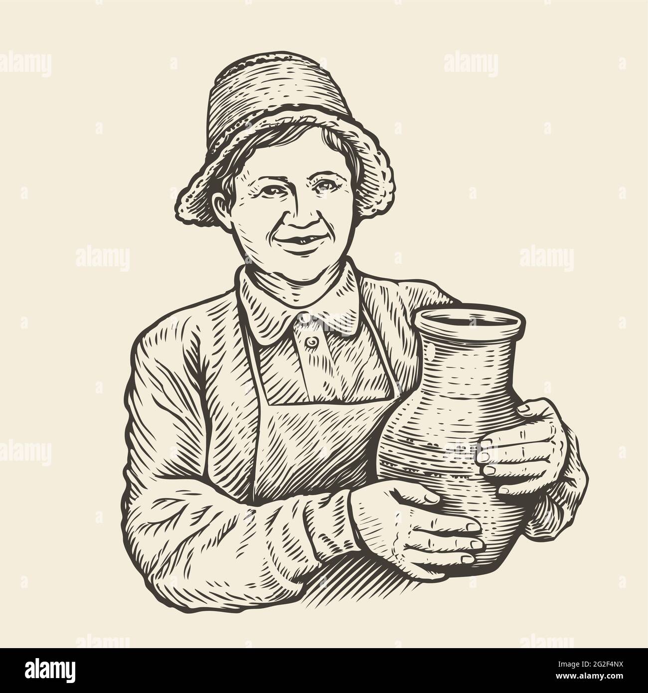 Skizze einer Frau mit Krug. Milkmaid Vektor handgezeichnete Illustration Stock Vektor