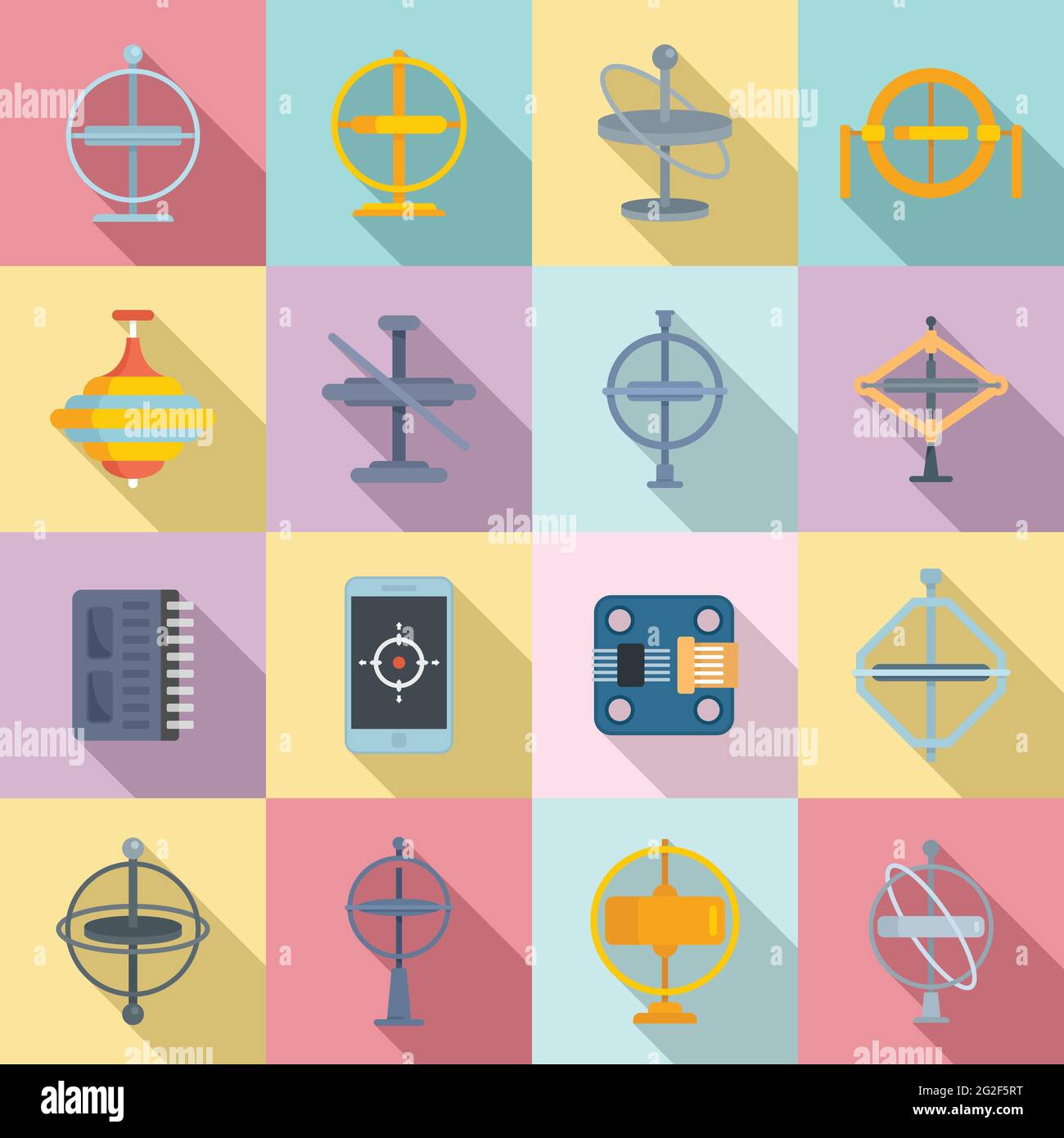 Gyroskop-Symbole Set, flacher Stil Stock Vektor